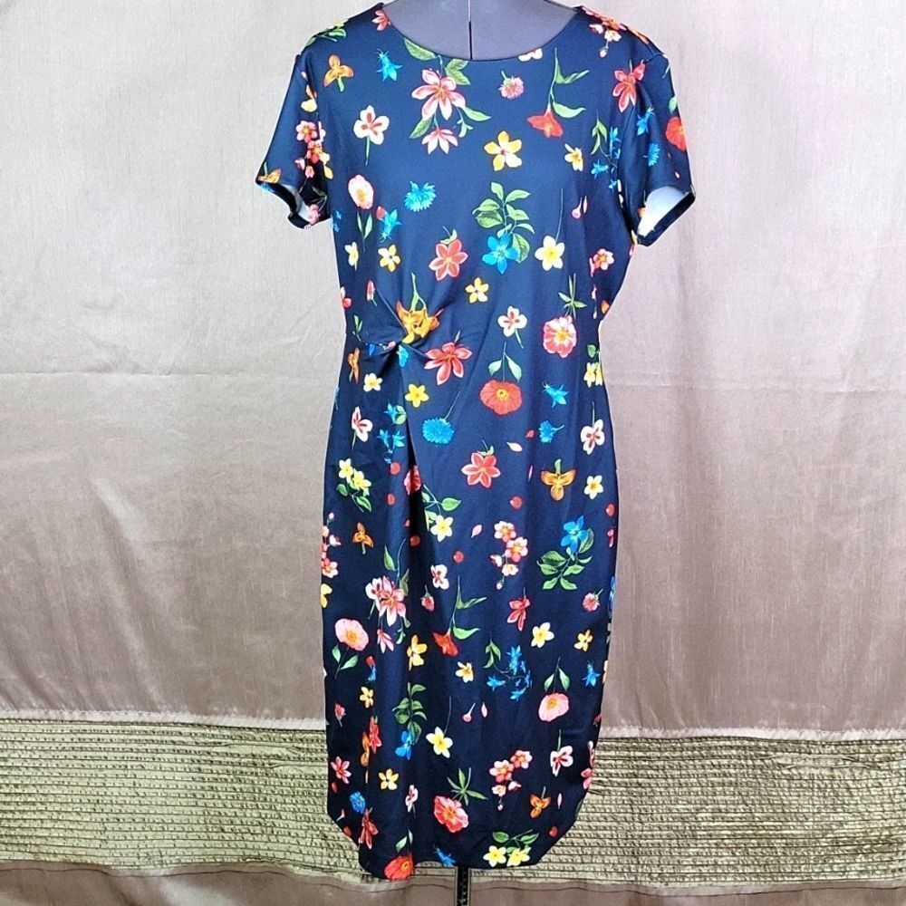 Tahari Navy Multicolor Floral Twist Waist Sheath Dress Size 16 NWT